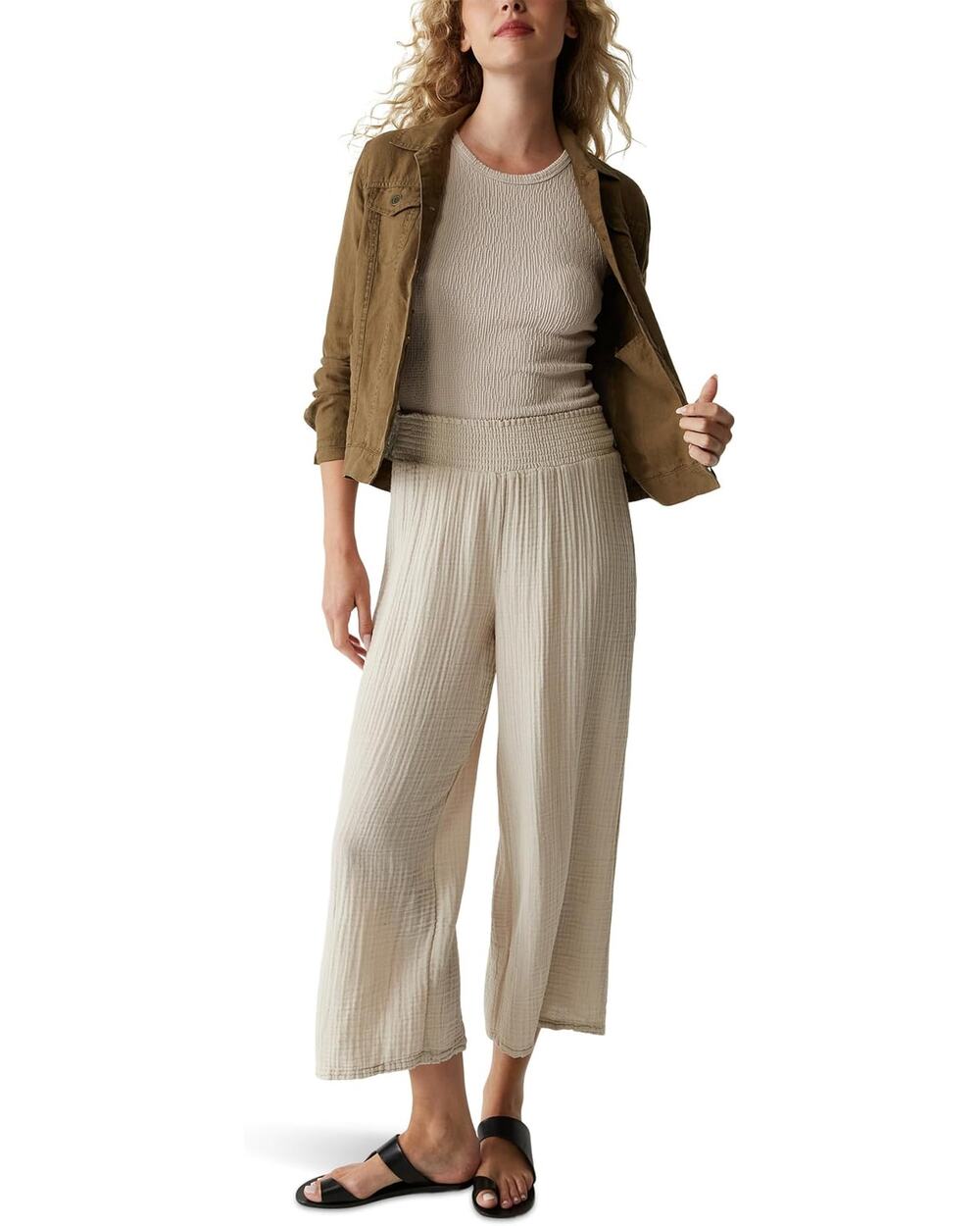 MICHAEL STARS Medina Smocked Waist Cropped Pant Cement Large NWT